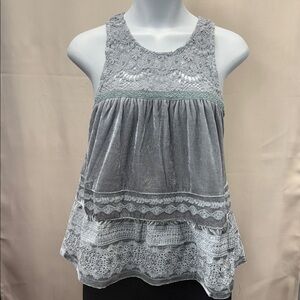 POL Floral Crochet Embroodered Style Grey Velvet Babydoll Sleeveless Tops